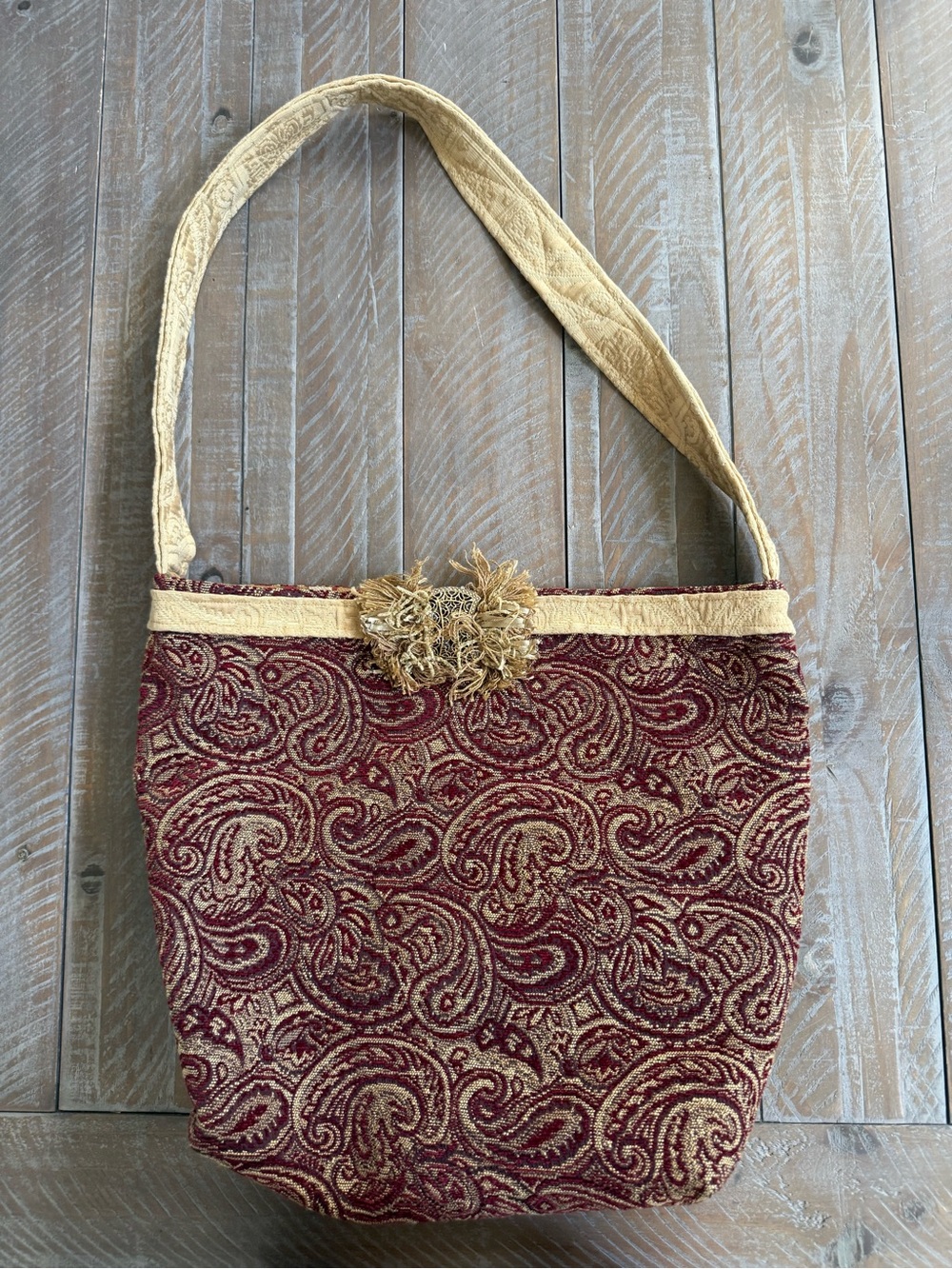 Jen's Rag Bags Vintage Tapestry Paisley
Shoulder Bag Boho Hobo Maroon Gold Trim